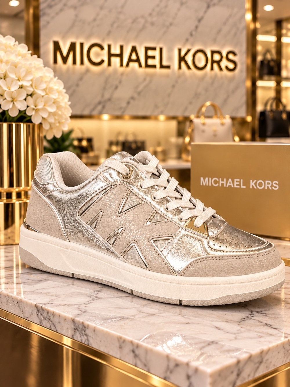 Michael Kors Rebel Metallic Silver Leather Sneakers Women's 10M NIB - Picture 1 of 14
